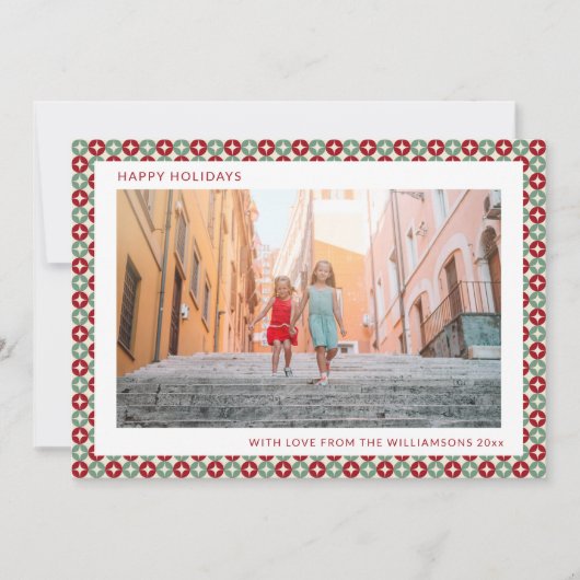 Mid Century Retro Rood Sage Groen Unieke Twee Foto Feestdagenkaart (Voorkant)