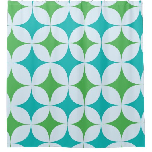 Mid Century Retro Starbursts in groen en Blauwgroe Douchegordijn (Voorkant)