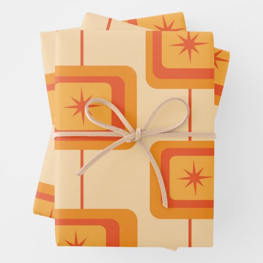 Mid Century Retro Starbursts op Abstracte Pleinen Inpakpapier Vel (In situ)