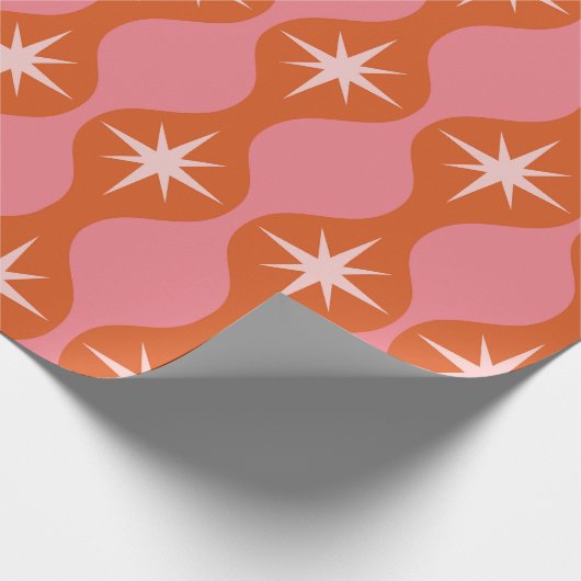 Mid Century Retro Starbursts op Roze Sinaasappel O Cadeaupapier (Hoek)