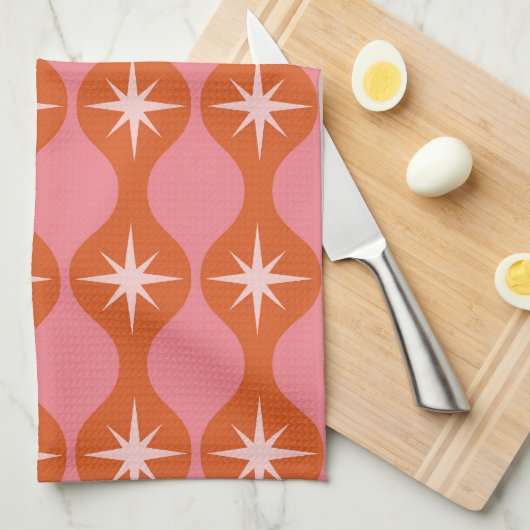 Mid Century Retro Starbursts op Roze Sinaasappel O Theedoek (Quarter Fold)