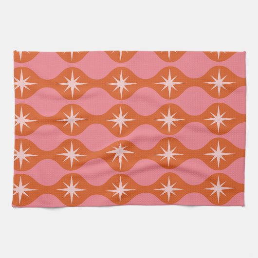 Mid Century Retro Starbursts op Roze Sinaasappel O Theedoek (Horizontaal)