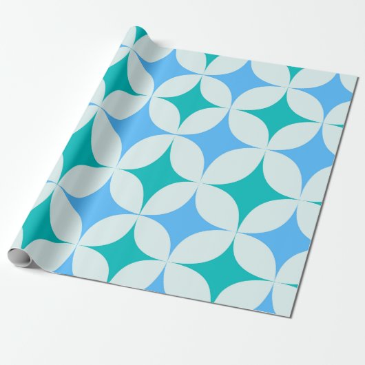 Mid Century Retro Starbursts Patroon Blauwgroen Bl Cadeaupapier (Uitgerold)