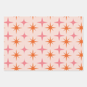 Mid Century Retro Starbursts Patroon roze sinaasap Inpakpapier Vel