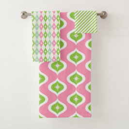 Mid Century Roze & Groen Geometrische Kerstmis Bad Handdoek