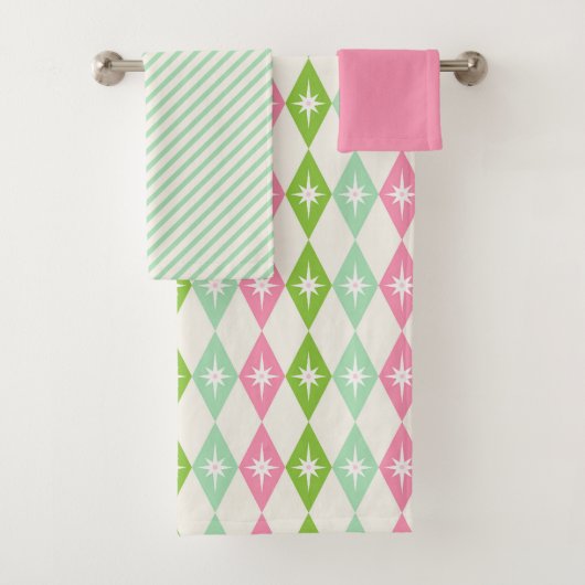 Mid Century Roze & Groen Geometrische Kerstmis Bad Handdoek (Insitu)