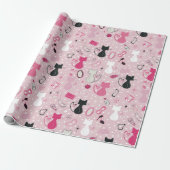 Mid Century Roze Hart Katten Cadeaupapier (Uitgerold)