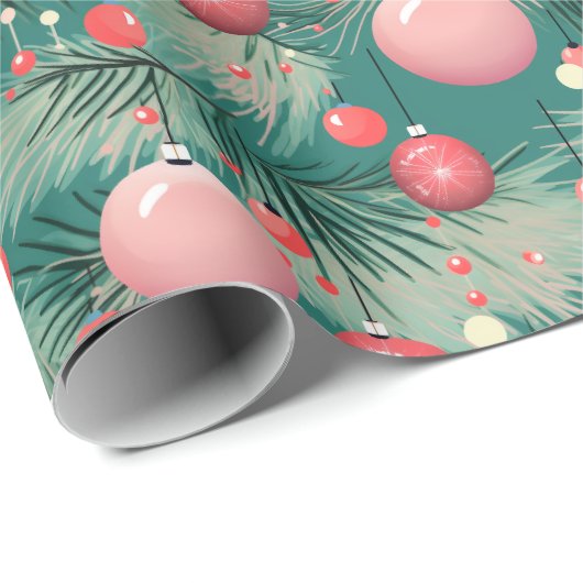 Mid Century Roze Kerstversieringen Cadeaupapier (Rol Hoek)