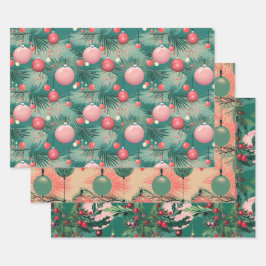 Mid Century Roze Kerstversieringen Inpakpapier Vel
