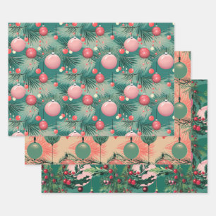 Mid Century Roze Kerstversieringen Inpakpapier Vel