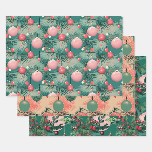 Mid Century Roze Kerstversieringen Inpakpapier Vel (Set)