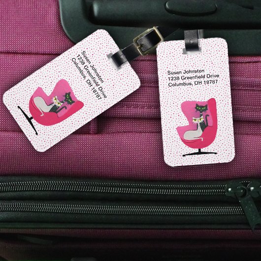 MId Century Roze Stoel Met Twee Schattigee Katten  Bagagelabel