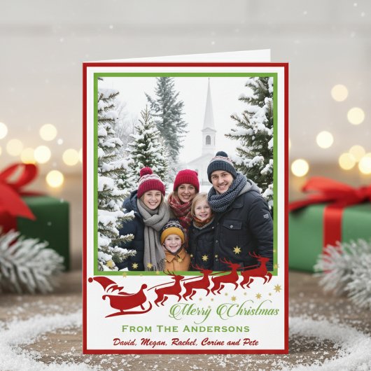 Mid-Century Santa & Reindeer Custom Photo Feestdagen Kaart