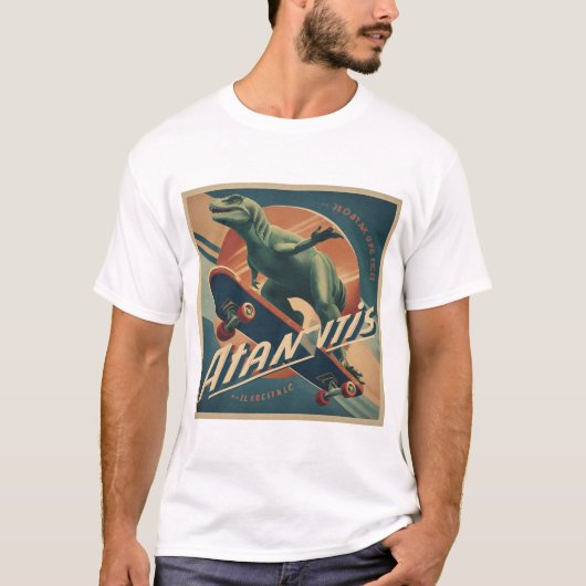 Mid-Century Skater Dinosaur – Retro Poster T-shirt (Voorkant)