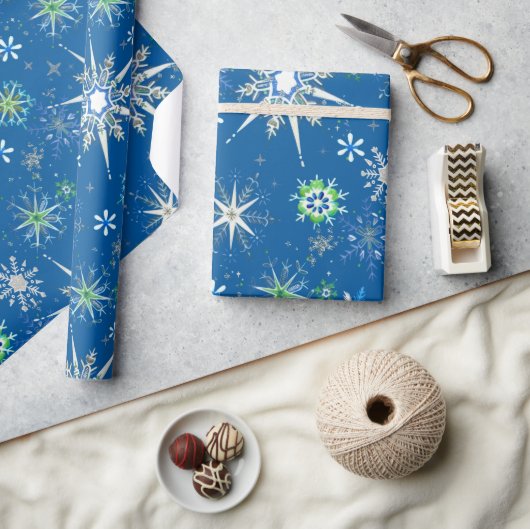 Mid-Century Snowflakes Galore On Blue Cadeaupapier (Crafts)