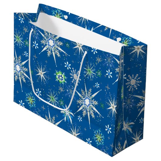 Mid-Century Snowflakes Galore On Blue Groot Cadeauzakje (Voorkant Gekanteld)