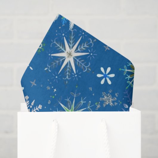 Mid-Century Snowflakes Galore On Blue Tissuepapier (Cadeauzakje)