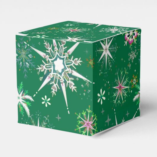 Mid-Century Snowflakes Galore On Green Bedankdoosjes (Voorkant Zijde)