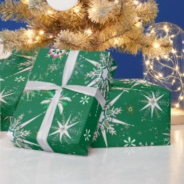 Mid-Century Snowflakes Galore On Green Cadeaupapier