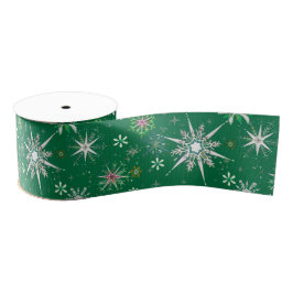 Mid-Century Snowflakes Galore On Green Grosgrain Lint