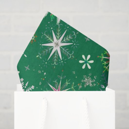 Mid-Century Snowflakes Galore On Green Tissuepapier (Cadeauzakje)
