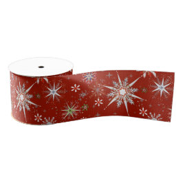 Mid-Century Snowflakes Galore On Red Grosgrain Lint