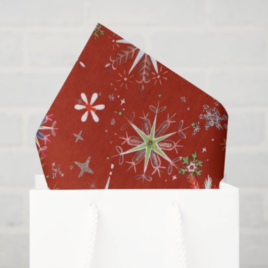 Mid-Century Snowflakes Galore On Red Tissuepapier (Cadeauzakje)