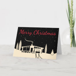 Mid-Century Snowscape Kerst Kaart: Zwart Feestdagen Kaart