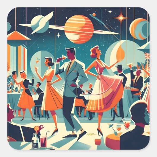Mid Century Space Age Cocktailparty Vierkante Sticker (Voorkant)