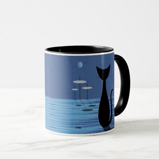 Mid Century Space Cat in het blauw Mok (Voorkant rechts)