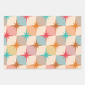 Mid Century Starbursts on Pastel Checkerboards  Inpakpapier Vel