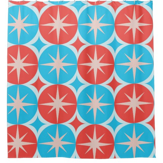 Mid Century Starbursts op blauwe en rode cirkels Douchegordijn (Voorkant)