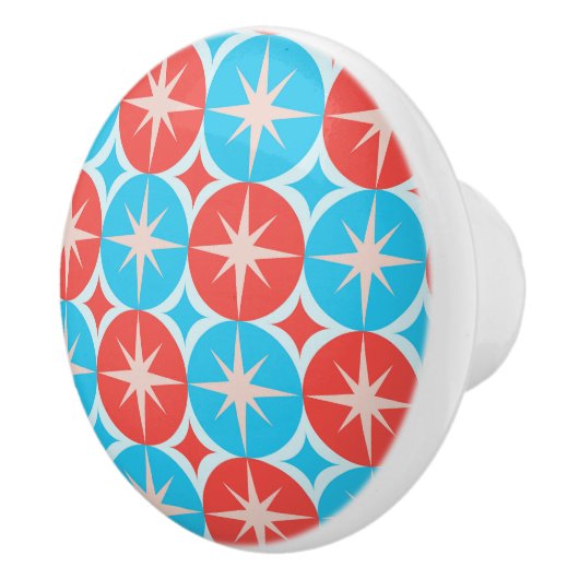 Mid Century Starbursts op blauwe en rode cirkels Keramische Knop (Rechts)