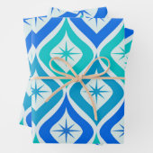 Mid Century Starbursts op Blue Turquoise Ogee Inpakpapier Vel (In situ)