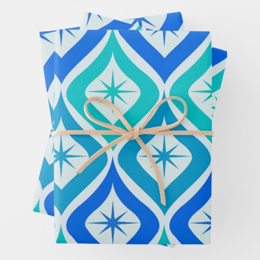 Mid Century Starbursts op Blue Turquoise Ogee Inpakpapier Vel (In situ)