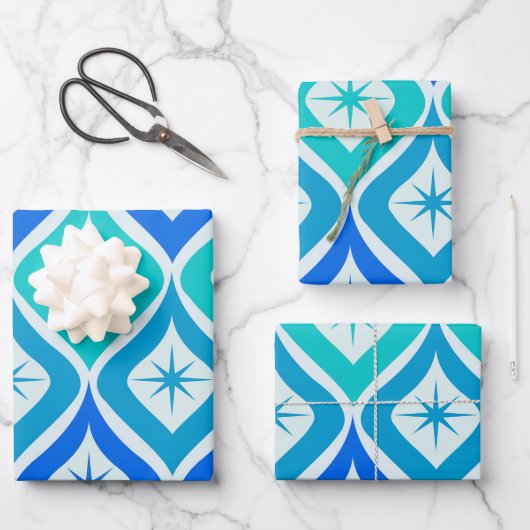 Mid Century Starbursts op Blue Turquoise Ogee Inpakpapier Vel (Voorkant)