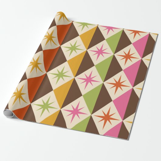 Mid Century Starbursts op Harlequin Diamonds Cadeaupapier (Uitgerold)