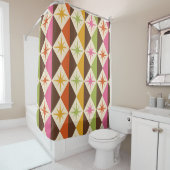 Mid Century Starbursts op Harlequin Diamonds Douchegordijn (In situ)