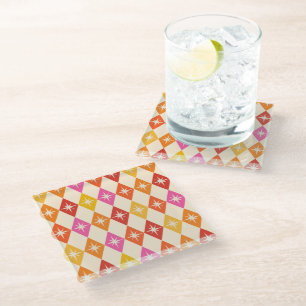 Mid Century Starbursts op Harlequin Diamonds Glazen Onderzetter