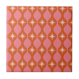 Mid Century Starbursts op Oranje roze ogee patroon Tegeltje