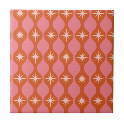 Mid Century Starbursts op Oranje roze ogee patroon Tegeltje (Voorkant)