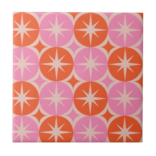 Mid Century Starbursts op roze en Oranje cirkels Tegeltje (Voorkant)