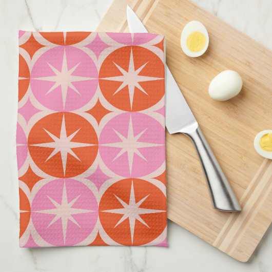 Mid Century Starbursts op roze en Oranje cirkels Theedoek (Quarter Fold)