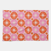 Mid Century Starbursts op roze en Oranje cirkels Theedoek (Horizontaal)