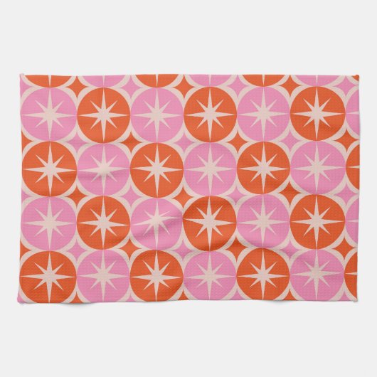 Mid Century Starbursts op roze en Oranje cirkels Theedoek (Horizontaal)