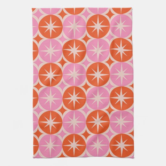 Mid Century Starbursts op roze en Oranje cirkels Theedoek (Verticaal)