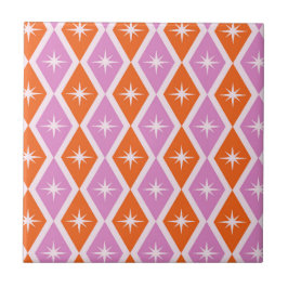Mid Century Starbursts op roze en Oranje diamanten Tegeltje