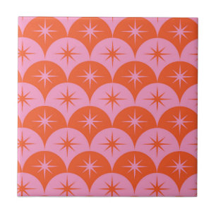 Mid Century Starbursts op roze en Oranje Scallops Tegeltje