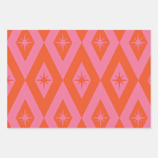 Mid Century Starbursts op Roze Sinaasappel Diamond Inpakpapier Vel (Voorkant)