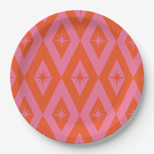 Mid Century Starbursts op Roze Sinaasappel Diamond Papieren Bordje (Voorkant)